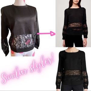 Sheer Lace Panel Silky Puff Sleeve Blouse Black Small Pomelo.
